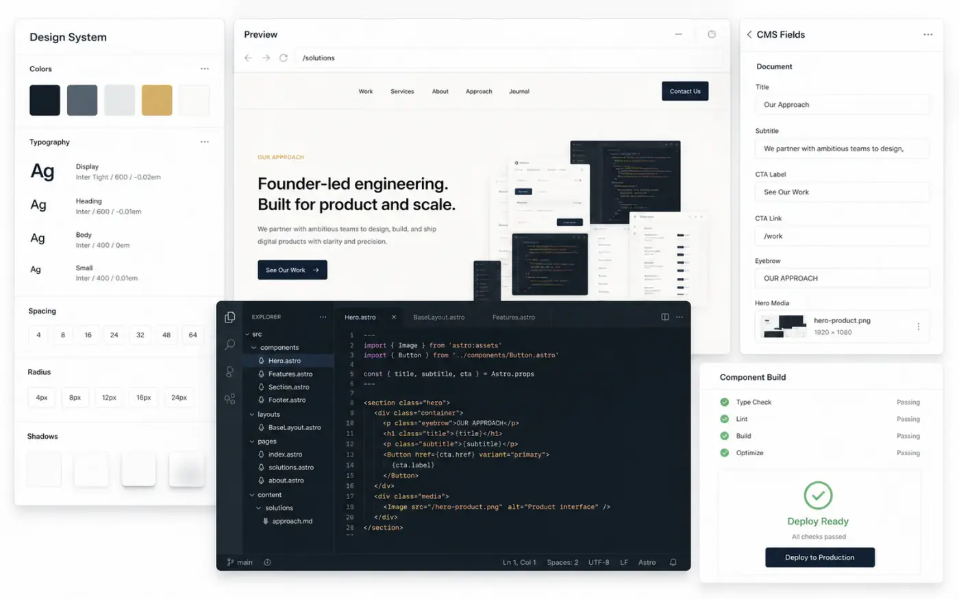 Design and development workspace with website preview and page structure