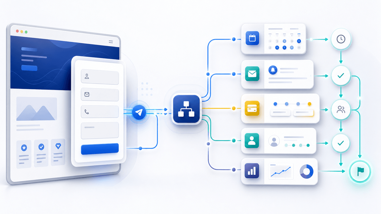 Website form connected to booking, email, CRM, payment, reporting, and follow-up workflow steps