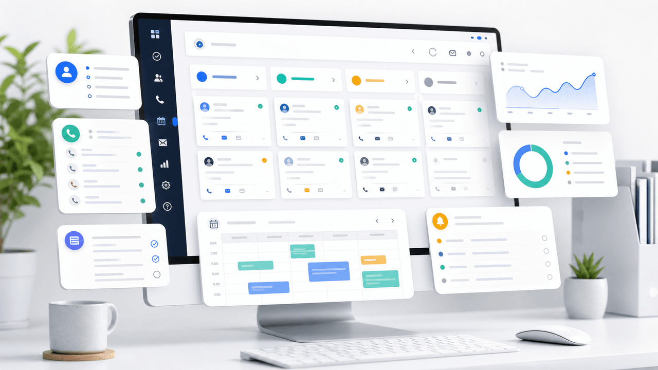 Private lead dashboard with pipeline cards, call logs, booking calendar, and follow-up widgets