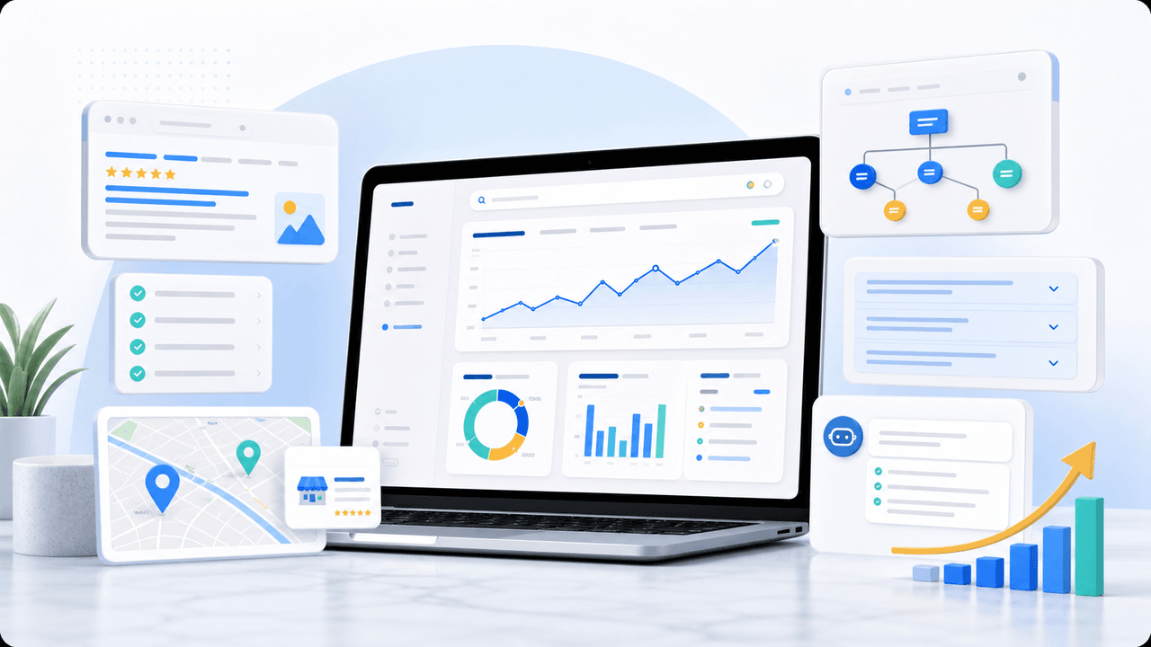 Search visibility dashboard with SEO, local search, schema, FAQ, and AI result signals
